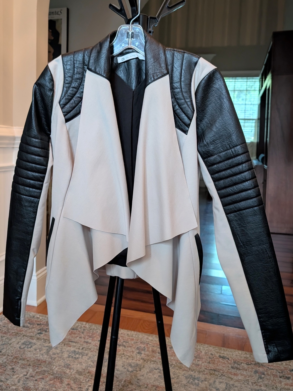 Blanc Noir Two-Tone Draped Faux Leather Jacket - Black & Cream